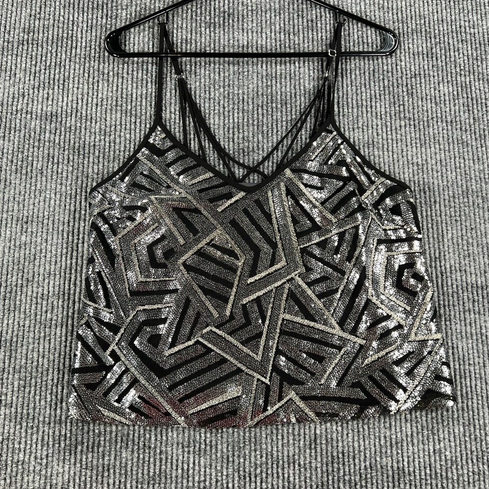 ASTR Tank Top Womens Medium Black Silver Geometric Shimmer Party Dress Casual